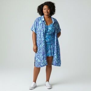 Swim Dress Set Women Size 14-16 Blue Tropical One Piece Swimsuit & Cover Up set